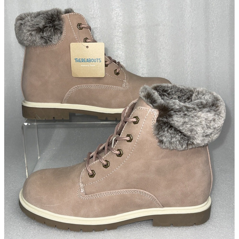 Thereabouts London Hiking Combat Boots Pink w/ Fur Lace Up Big Girls Size 5‎ NEW